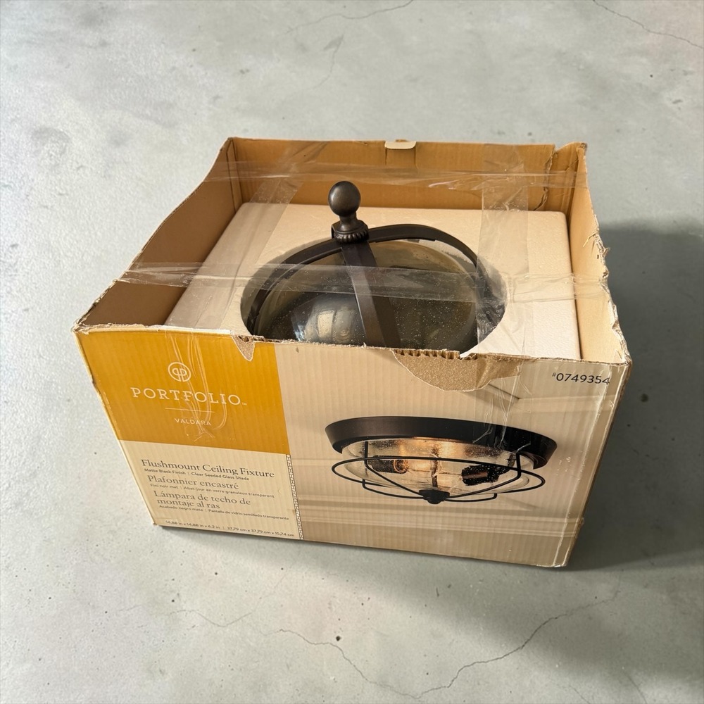 Portfolio Valdara Flushmount Ceiling Fixture Matte Black Seeded Glass 0743604